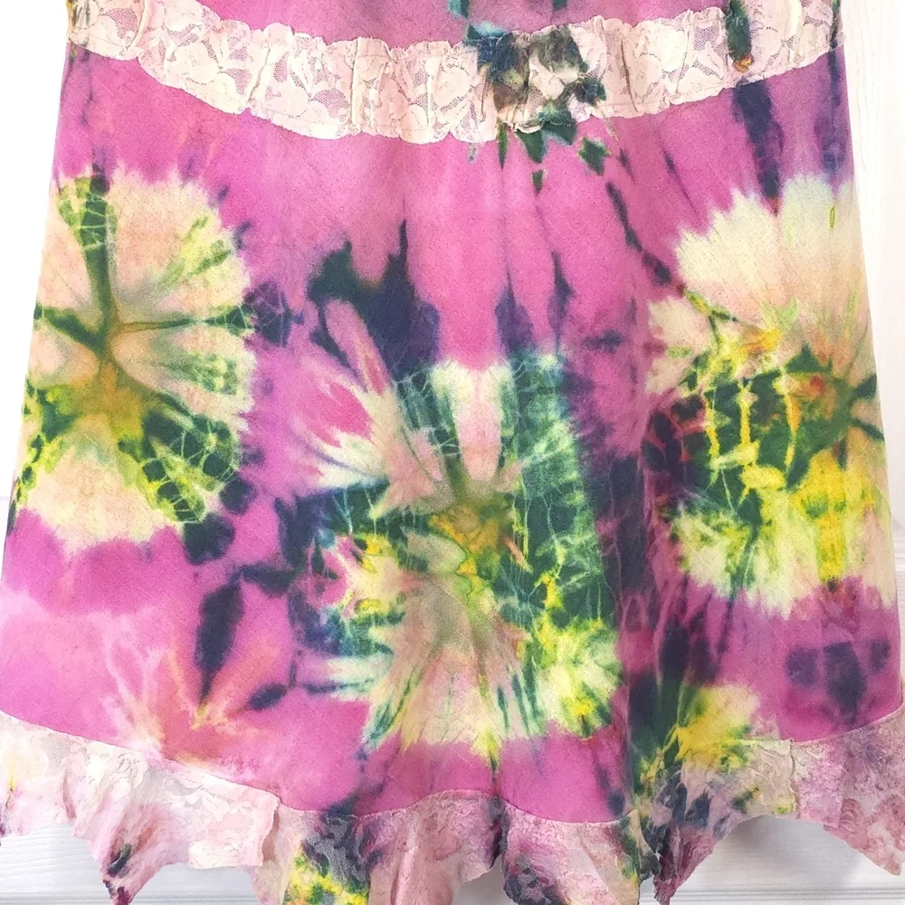 Handmade Tie Dye Midi Dress Cotton Deep V-Neck Size M - L Fairycore - Picture 7 of 8